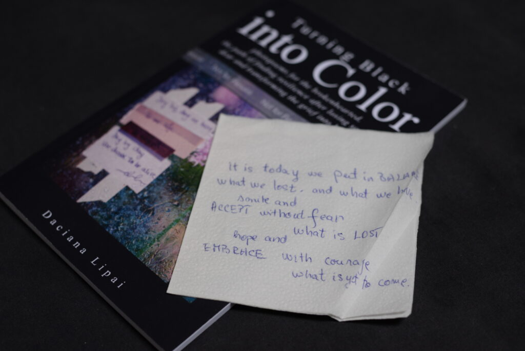 Daciana Lipai Turning Black into Color Book poem on a napkin
